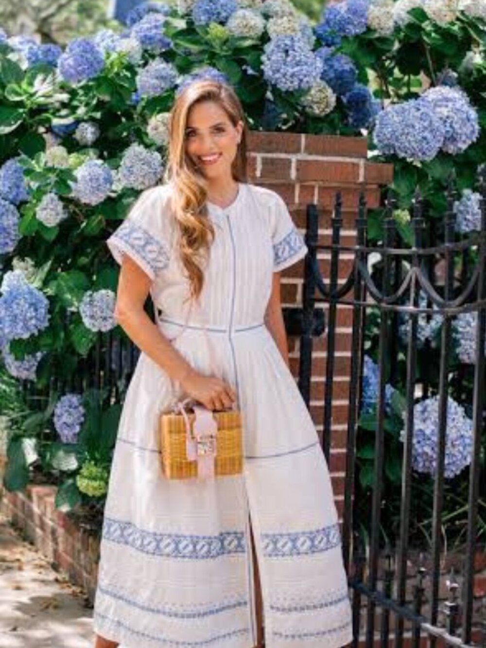loveshackfancy blue and white embroidered dress medium midi